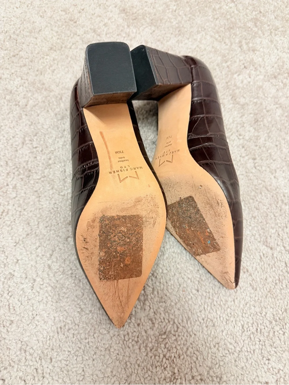 Marc Fisher Croc-Embossed Pointed Toe Pumps in Dark Brown